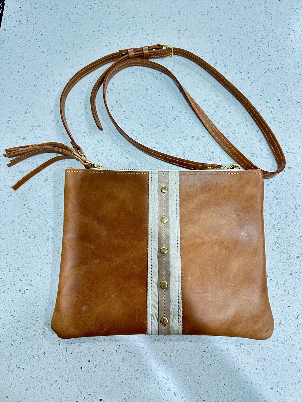 Beaudin Genuine Leather Crossbody Purse Tan Fringe Zip Minimalist Bag